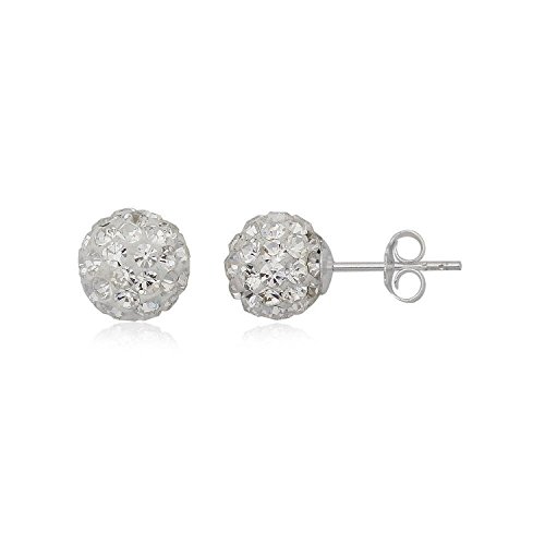 Image of 8MM WOMENS Sparkly Pave Glitter/Disco Ball Sterling Silver Stud Earrings/Ear Studs for Women Ladies Girls - Round Silver Earrings - WHITE CRYSTAL