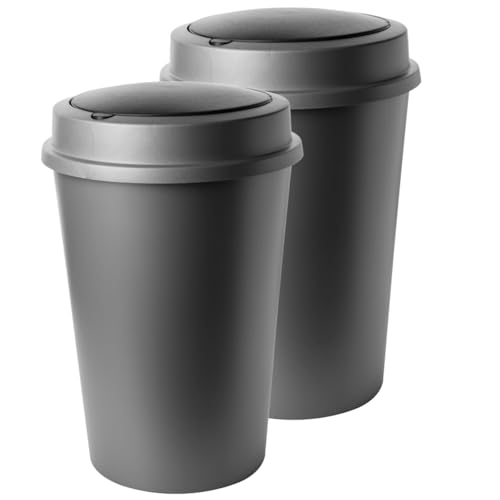 SUSTANIA Lot de 2 poubelles de 50 l, modernes, avec couvercle basculant en plastique, gris mat, pour cuisine, bureau et salle de bain, forme cylindrique