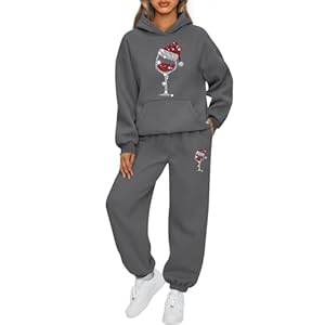 Mfhmom Weihnachts Jogginganzug Damen Oversized Glänzende Rotweinglas Drucken Trainingsanzug Xmas 2-Teiliges Baumwolle Kapuzenpullover Baggy Jogginghose Sportanzug Set Stilvoller Hoodie Tracksuit Set
