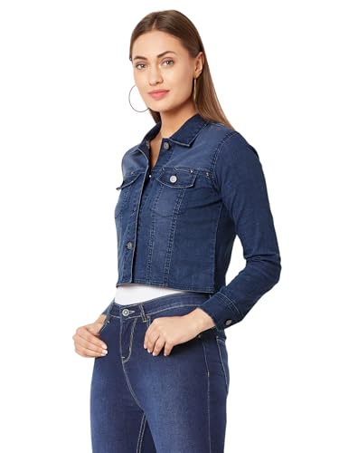 Image of Miss Chase Women's Polo Neck Full Sleeves Patch Pocket Denim Overcoat Knee-Length Jacket