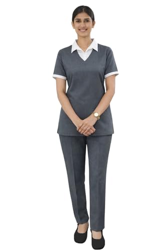 Image of UNIFORM CRAFT Women Executive Uniform Set - Top & Pant with White Collar | Formal Office Wear | Hospitality & Corporate Staff Uniform - Grey - L