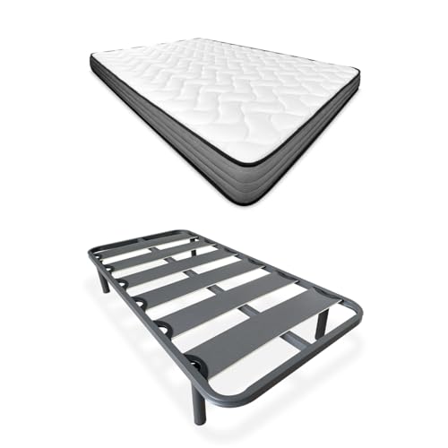 Homey - Cama Completa con Colchón Andrea Reversible (Cara Invierno/Verano) + Somier Reforzado 40x30mm con 4 Patas Metálicas Roscadas, 90 x 190