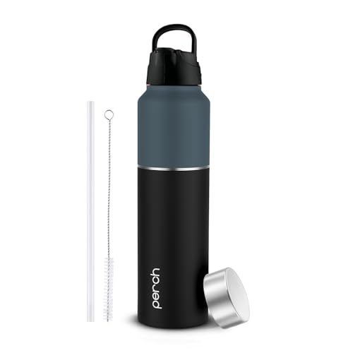 Perch Magic ISI Certified Stainless Steel Water Bottle 1 Ltr | With Dual Cap and Straw Cleaner | Single-Wall Fridge Bottle | BPA Free | Compact & Easy to Carry |For Travel, Gym, School - Black & Grey