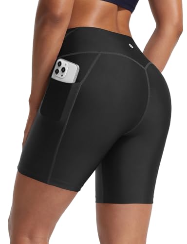 baleaf Women's High Waisted Swim Shorts with Tummy Control, Pockets & UPF 50+ – Black Board Shorts, Size XL