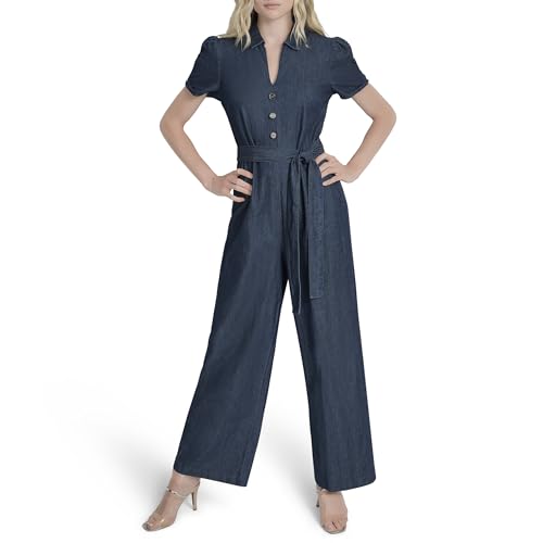 Image of DKNY Women's Belted Polo Collar Ruched Sleeve Jumpsuit