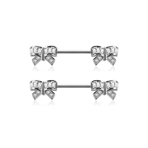 Pierced Owl 14GA 316L Stainless Steel CZ Crystal Bows Nipple Barbells, Sold as a Pair
