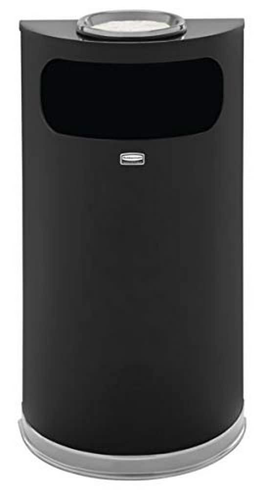 Rubbermaid Commercial Products Half-Round Steel Trash Can, 9-Gallons, Black, Indoor/Outdoor Garbage Can/Bin with Side Opening for Lobby/Office/School/Restaurant