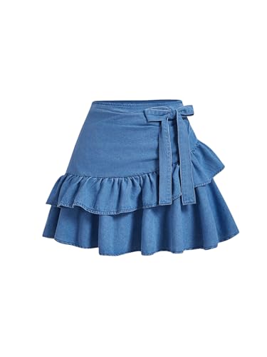 WDIRARA Women's Bow Layered A Line Jean Skirts Ruffle High Waisted Denim Mini Skirt