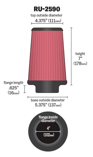 Image of K&N High-Flow Original Lifetime Universal Clamp-On Air Filter: High Performance, Premium, Washable: Flange Diameter: 4 In, Filter Height: 7 In, Flange Length: 0.625 In, Shape: Round Tapered, RU-2590