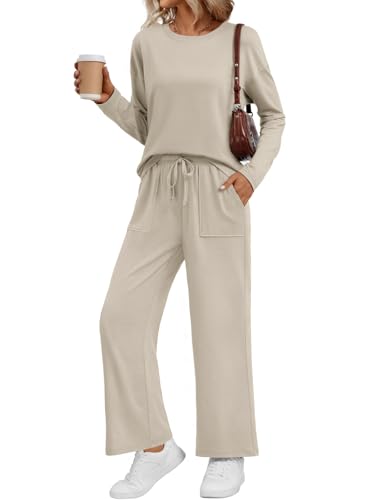 LILLUSORY Women's Sweatsuits 2 Piece Outfits Lounge Matching Sweat Sets Casual Sweatshirts and Wide Leg Sweatpants Tracksuit Sets 2025 Beige M
