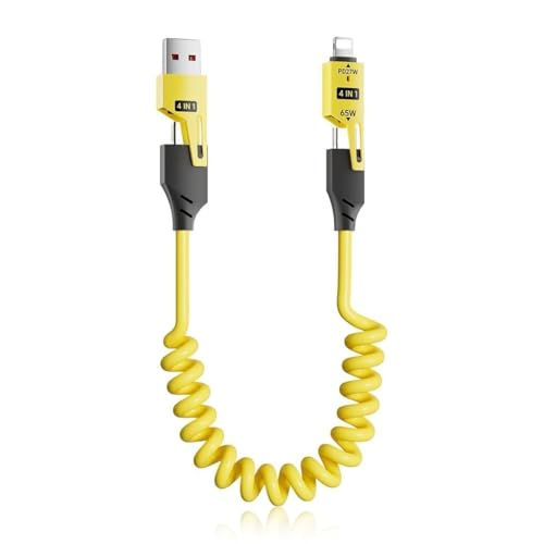 Image of 4 in1 Type C Cable with Spring, PD65W C Type Cable Fast Charging, 480Mbps Data Transfer USB to Type C Cable, Multi Adjustable Cable with Type C /USB A /Light-ning Port (MULTICOLOR)
