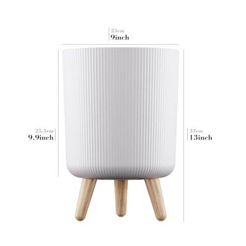 Image of Modern White Plant Pot with Stand (Pack of 1) | Ribbed Plastic Flower Pot with Wooden Legs | Indoor Outdoor Planter for Home, Living Room, Balcony & Office Decor