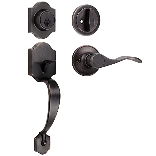 Tinewa Handleset With Lever,Single Cylinder Front Door With Deadbolt,Exterior Door Handle With Reversible Handle Lever,Oil Rubbed Bronze #TOP1