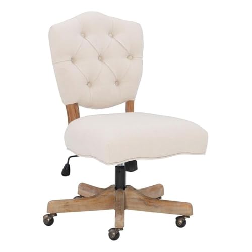 Pemberly Row Wood Swivel Office Chair, Adjustable Height, Grey Wash Base, Beige Tufted Polyester Upholstery with Cushion, Antique Brass Casters, 25.25 W x 25 D x 35.75-39.75 H, Contemporary Home