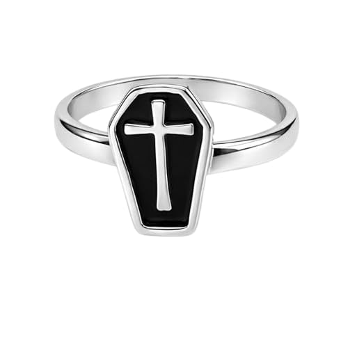 Gothic Coffin Ring, Black Enamel Cross, Stainless Steel, Unisex Statement Punk Biker Style-picture-39