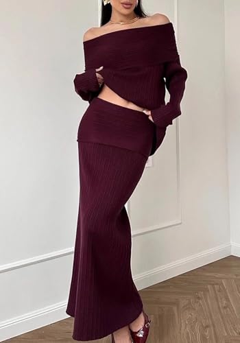 Image of Unybwonn Skirt Sets Women 2 Piece Outfits off the Shoulder Sweater and Knitted Skinny Maxi Skirts Fall Casual Outfits