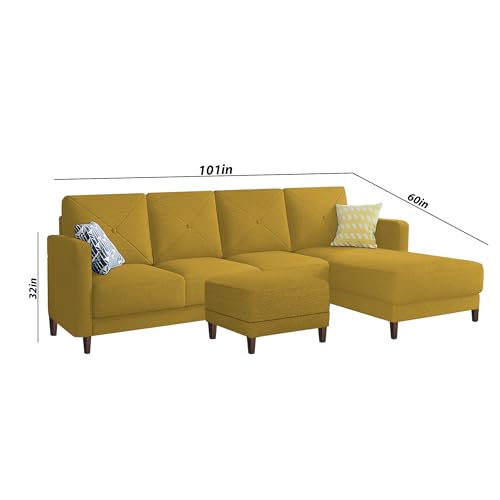 Image of Baloney RHS 6 Seater L Shape Sofa Set with Center Table for Living Room (Yellow Fabric) Premium Fabric Sofa