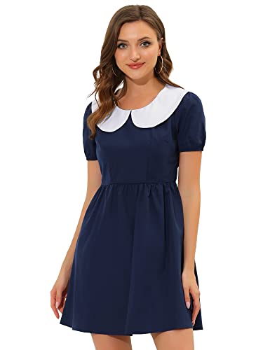 Allegra K Women's Contrast Peter Pan Collar Puff Short Sleeve A-line Dress  X-Small Navy Blue at Amazon Women's Clothing store