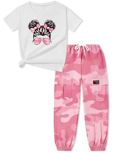 Image of ARTMINE Girls' 2 Piece Outfits Casual Drawstring Jogger Pants and Basic Short Sleeve Top Set, 6-14 Years