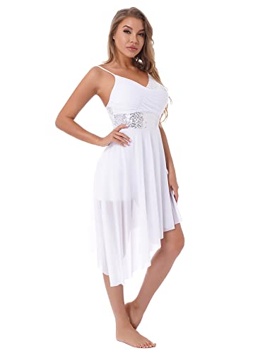 IEFIEL Robe Danse Latine Classique Femme Justaucorps Gymnastique Salas Spectacle Tenue Danse Jazz Ballet Robe de Cérémonie Soirée Cocktail Jupe XS-XXL Blanc XL