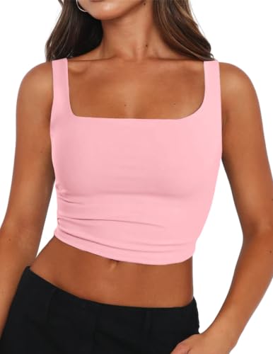 Zeagoo Women's Square Neck Double Lined Casual Sleeveless Slim Fitted Trendy Cropped Tank Yoga Crop Tops Baby Pink - image 1