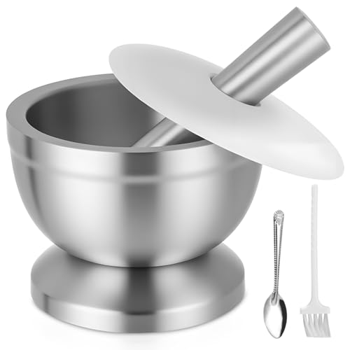 Set di Mortaio con Pestello da 350 ml in Acciaio Inox con Spazzola, Cucchiaio e Coperchio in Silicone, Macinino per Spezie di Qualità Superiore, Frantumatore e Ciotola per la Vaniglia