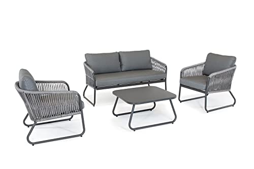 Image of DEVOKO Outdoor Unique Design Rope 4-Piece Bistro Set with Seat Cushions and Pillows Included with Center Table in Square Shape for Garden, Balcony, Pool, Backyard (Grey)