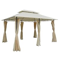 Outsunny Pavillon 3x4m Gartenpavillon mit 6 Seitenteilen Partyzelt Gartenzelt Festzelt mit Doppeldach Beige+Dunkelgrau