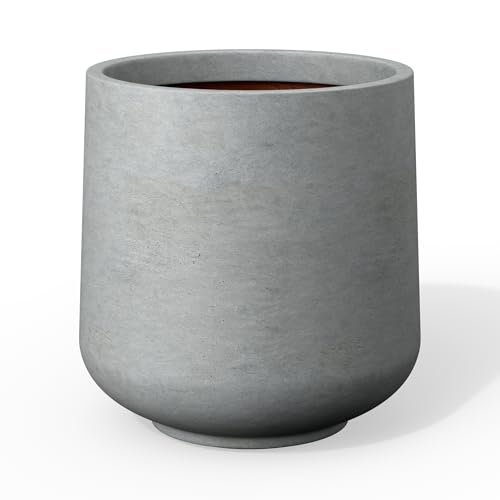 Image of Kante Small Round Curved Pale Gray Concrete Planter 9.4 inch Dia, Outdoor | Rubber Plug for Indoor, Drainage for Garden, All-Weather Cement Flower Pot, Handcrafted, Anti-Frost & UV, Modern Home Decor
