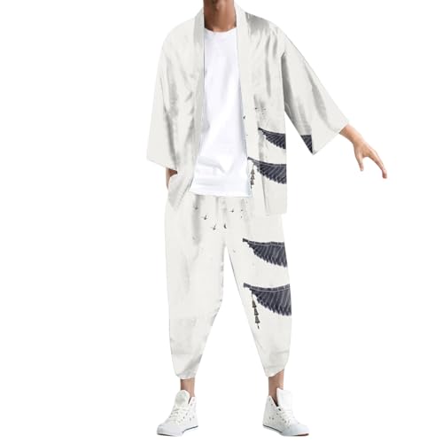 Generisch Conjunto de chaqueta de kimono japonés para hombre, cárdigan camisa y pantalones, 2 piezas, uniforme de taekwondo Wushu Taekwondo, traje de ocio ligero, traje informal de fitness, Blanco, L