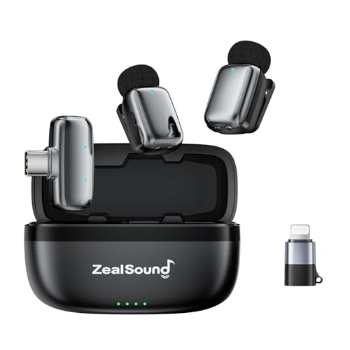 ZealSound miniワイヤレスマイク ピンマイク ワイヤレス 超軽量5g ノイズ低減 プラグ＆プレイ Phone 16/15シリーズ対応 360°集音 33時間連続使用 伝送距離100m USB-C/Lightning クリップ式 ASMR/Vlog撮影/動画配信/生放送等に対応 収納充電ケース付き(2TX+1RX)