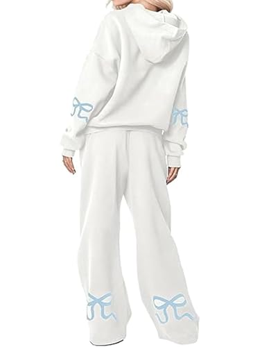 Fiacafyo Damen-Jogginganzug mit Schleifen-Aufdruck, 2-teilig, Y2K, langärmelig, übergroß, mit Kapuze, weites Bein, Sweatpants, A-weiß, S