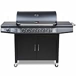 CosmoGrill Pro Deluxe 7 Gas Burner 6+1 Barbecue Grill Steel Warming Rack, Side-Burner, Built-in Temperature Gauge for Home Garden Party Outdoor Cooking (Black)