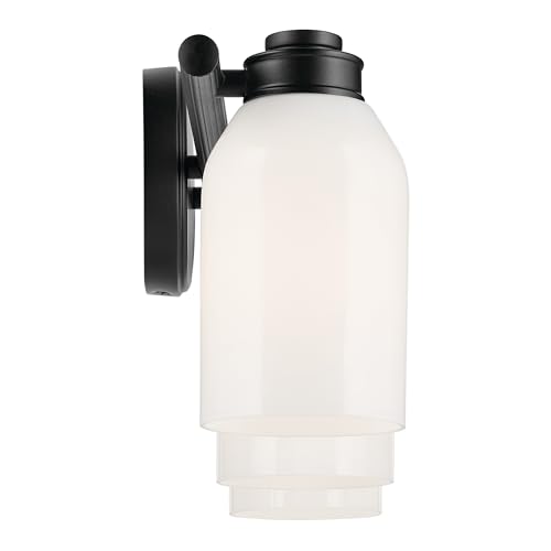 Image of Kichler Shae 3-Light Bathroom Vanity Light, Black | White opal glass vanity light for modern bathroom mirrors (24.25 inch x 9 inch), 55202BK
