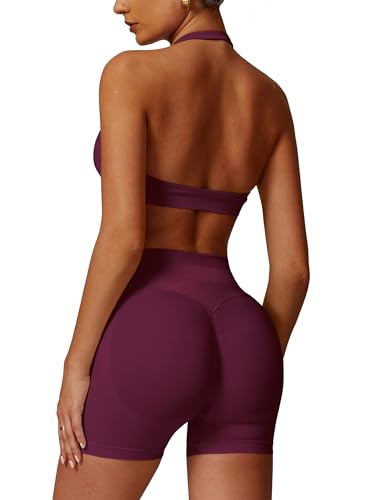 Image of ABOCIW Workout Sets for Women 2 Piece seamless Halter Sports Bra Scrunch Butt Impact Shorts Gym Yoga Outfits
