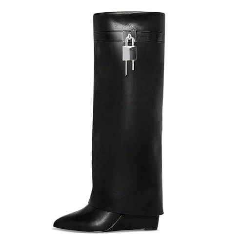Fold over Boots for Women Knee High Black Boots Pointed Toe Wedge Heel Wide Calf Faux Leather Shark Boot with Padlock