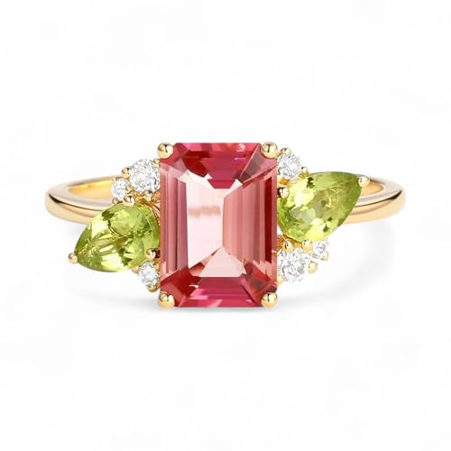 8X6MM Emerald Shape Pink Tourmaline Bridal Wedding Engagement Ring 18K Solid Yellow Gold Peridot And Diamond Women Cluster Jewelry Family Birthstone Birthday Gift For Wife