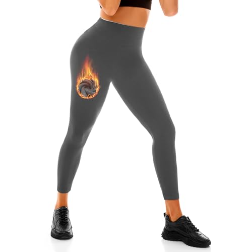 Leafigure Thermo Leggings Damen High Waist Blickdicht Grau Fleece Leggings für Sport Gym Yoga L-XL
