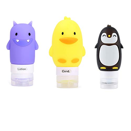 Tvoip 3Pcs 60ml/90ml/100ml Portable Cartoon Animal Little Monsters Penguin Duck Silicone Travel Case Organizer Shampoo Shower Gel Lotion Storage Refillable Bottle image 3