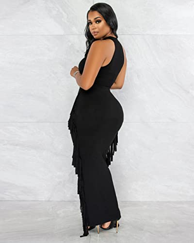 Image of YUEWOO 2 Piece Outfits for Women Sexy Crop Top Ruched Bodycon Maxi Dresses Fringe Skirt Sets Night Club Jumpsuits