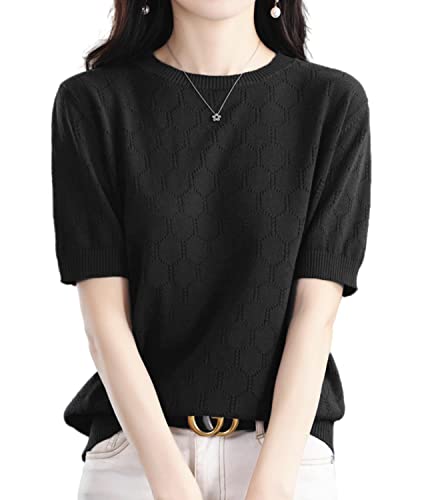 Image of Summer Hollow Out T-Shirt Women's Short Sleeve Sweater Cotton Knitted O-Neck Lightweight Pointelle Breathable Tops