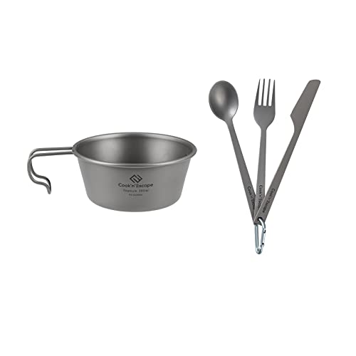 COOK'N'ESCAPE チタン シェラカップ&カトラリーセット 超軽量 4点セット 深型シェラカップ 食器 スプーン フォーク ナイフ キャンプ アウトドア 調理用品 専用収納袋付
