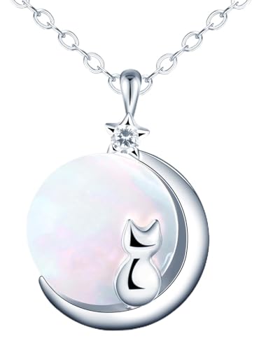 MOOFUN Nacre Collier Animaux Chat Lune Chaîne Femme Argent 925 Zircon Étoile Pendentif Pierre Naturelle Colliers pour Maman Meilleure Amie Fille Sœur Epouse...