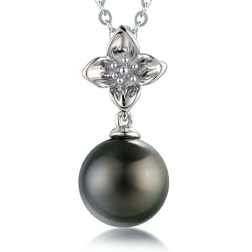 Lunar Belle Tahitian Pearl Pendant Necklace in Sterling Silver Luxury Wedding Gift for Women Mom Wife Black (Navy Fleur)