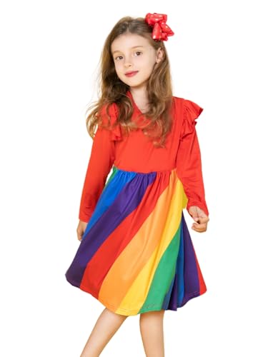 Image of Girl Fall Long Sleeve Dress Christmas Red Rainbow Twirly Skater Midi Party Dress