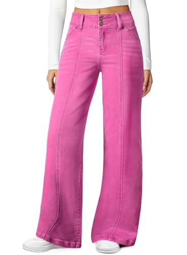 Sidefeel Womens Wide Leg Jeans Stretchy Straight Leg Jeans High Waisted Trendy Seamed Front Loose Denim Pants Hot Pink Size 4