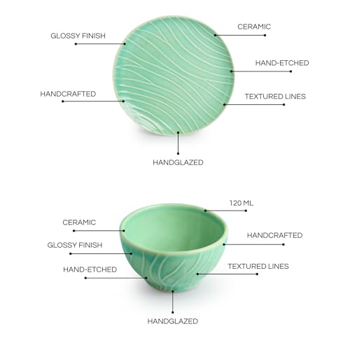 Image of ExclusiveLane 'Caribbean Green' Ceramic Dinner Set Ceramic Plates for Dinner Plates with Bowls Katoris (8 Pieces, Serving for 4, Dishwasher & Microwave Safe, Sea-Green) |Dinnerware Ceramic Serveware