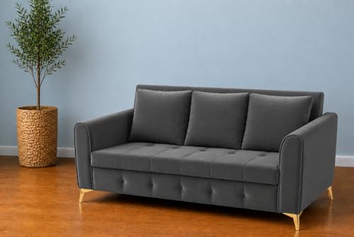 Image of Adorn India Premium Mystic - 3 Years Warranty - 3 Seater Sofa Cum Bed Velvet Suede Fabric - Dark Grey