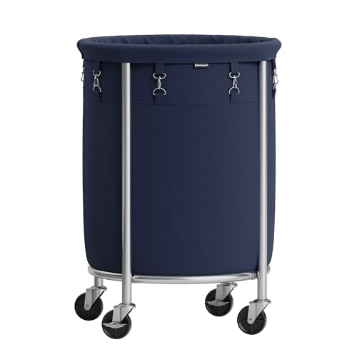 SONGMICS Laundry Basket with Casters, Rolling Laundry Hamper, 29 Gal., Round Laundry Cart with Steel Frame and Removable Bag, 4 Casters and 2 Brakes,