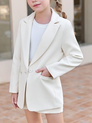 Image of Batermoon Girls 2 Piece Outfits Button Front Long Sleeve Blazer and Short Pants Suit Sets 4-14 Years
